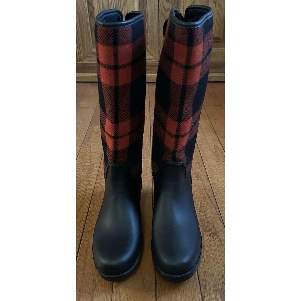 Coach Tristee Rain Boots Women's Size 11 Red Black Buffalo Plaid Rubber Tall